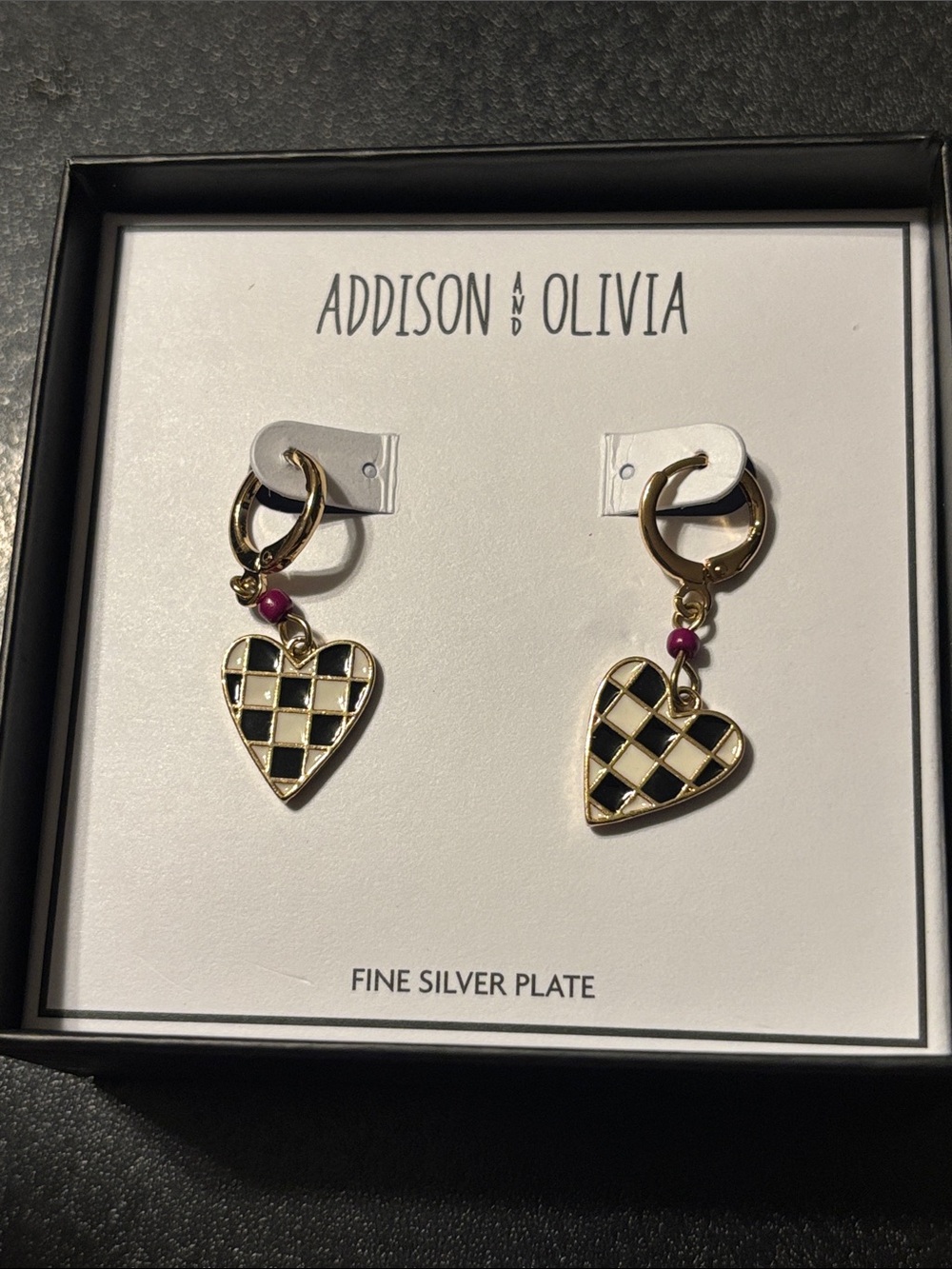 Addison & Olivia Black & White Check Heart Drop Earrings reverse side sunburst